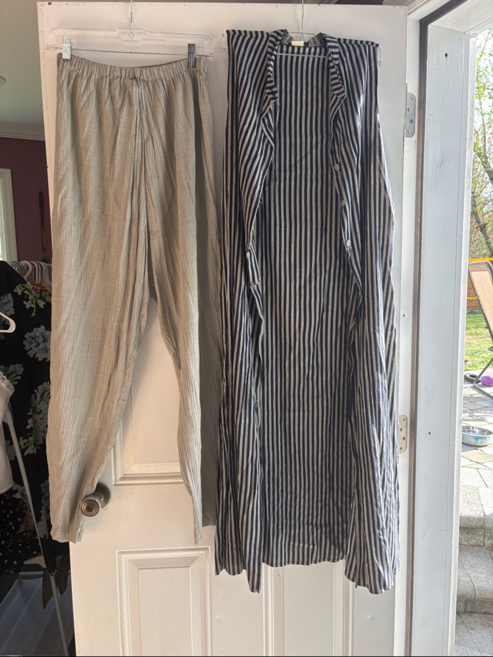 Striped Maxi Duster & Light Beige Pants Set